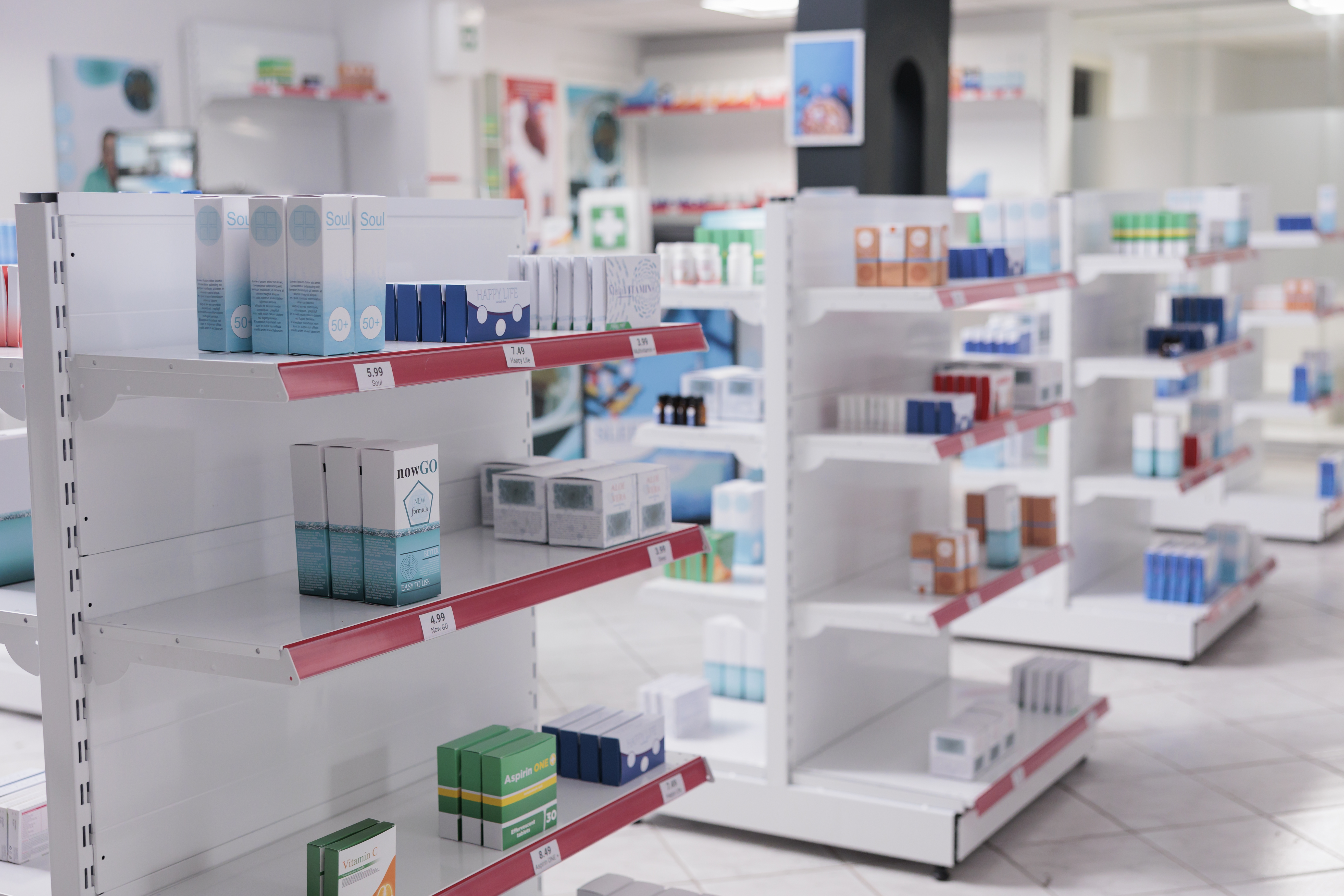 Empty drugstore with bottles and packages full with medicaments